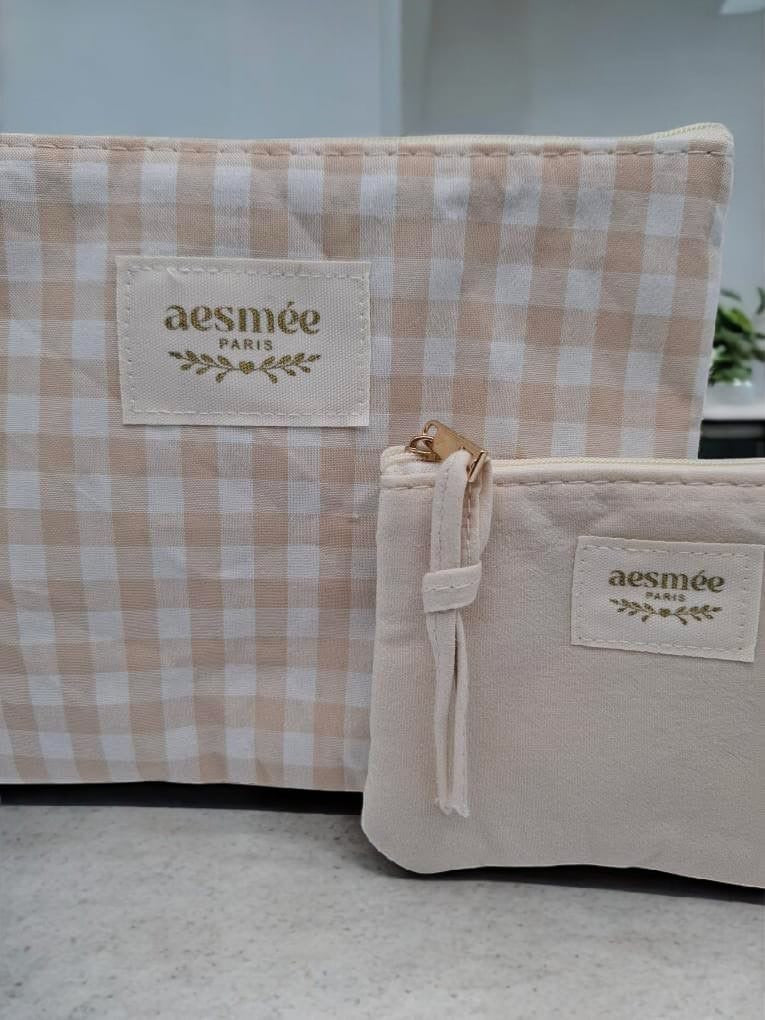 Pochette et trousse en coton vichy motifs à carreaux beige et crème