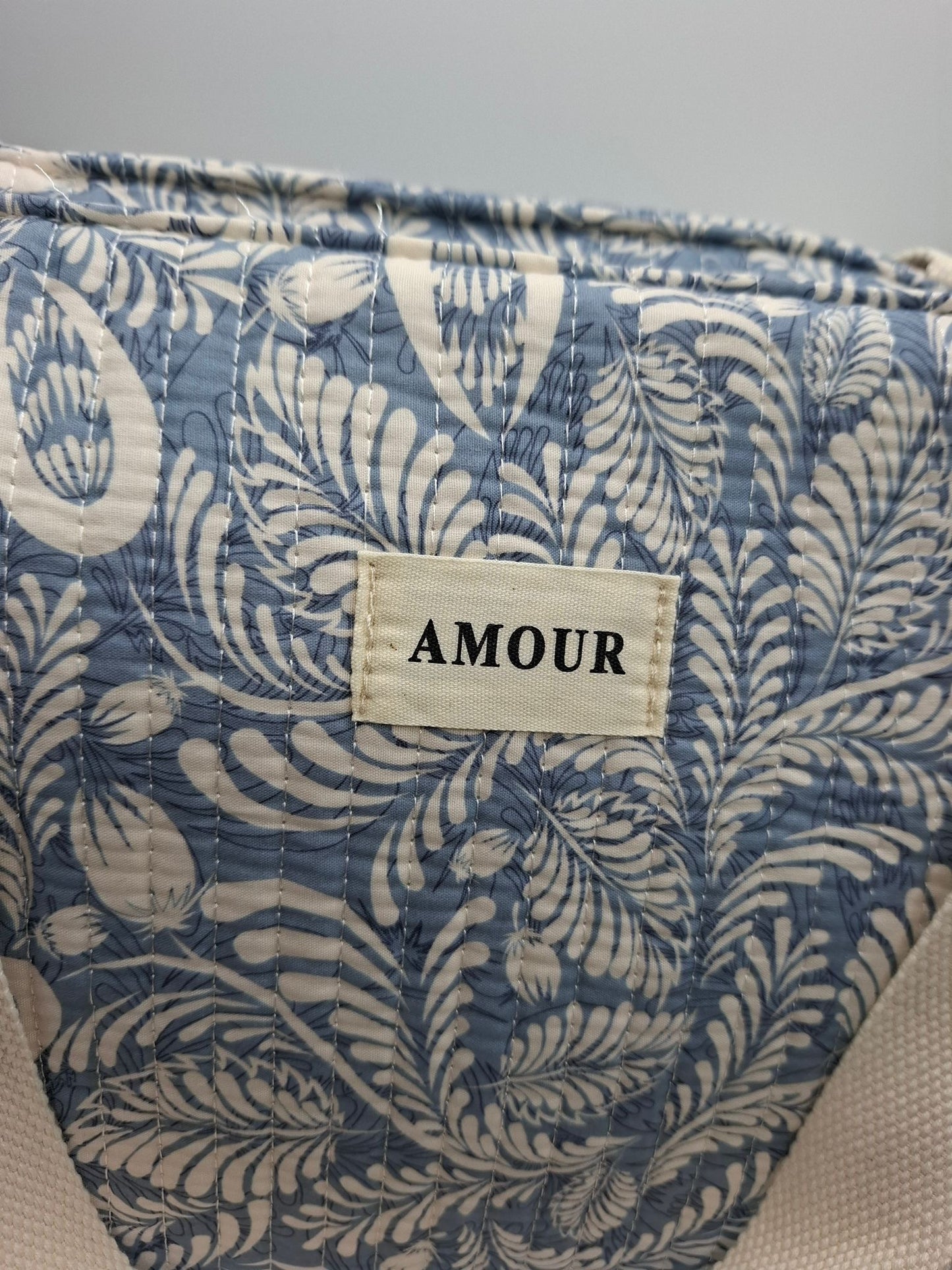 Sac cabas porté épaule coton imprimé toile de jouy feuilles bleues creme