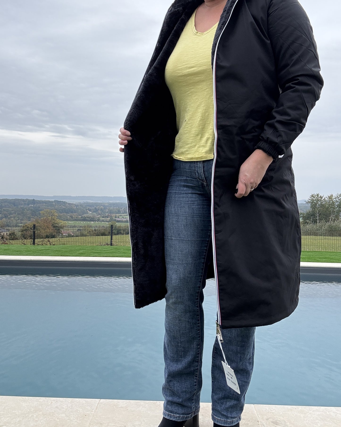 New Lolo - Manteau chaud long hauteur genoux noir fourré complet réversible imperméable