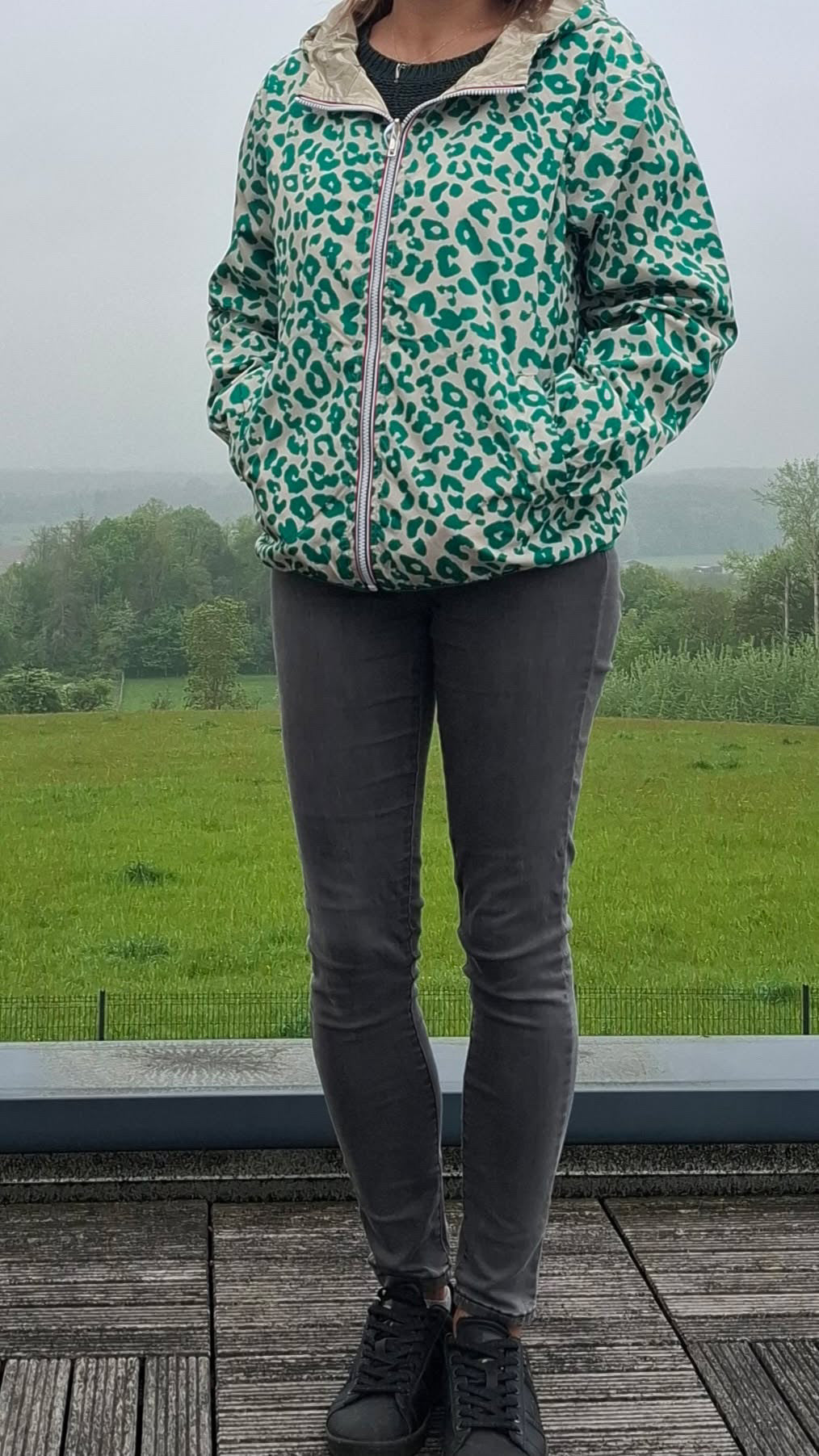 Escandelle - Parka imperméable courte Léopard vert réversible doré