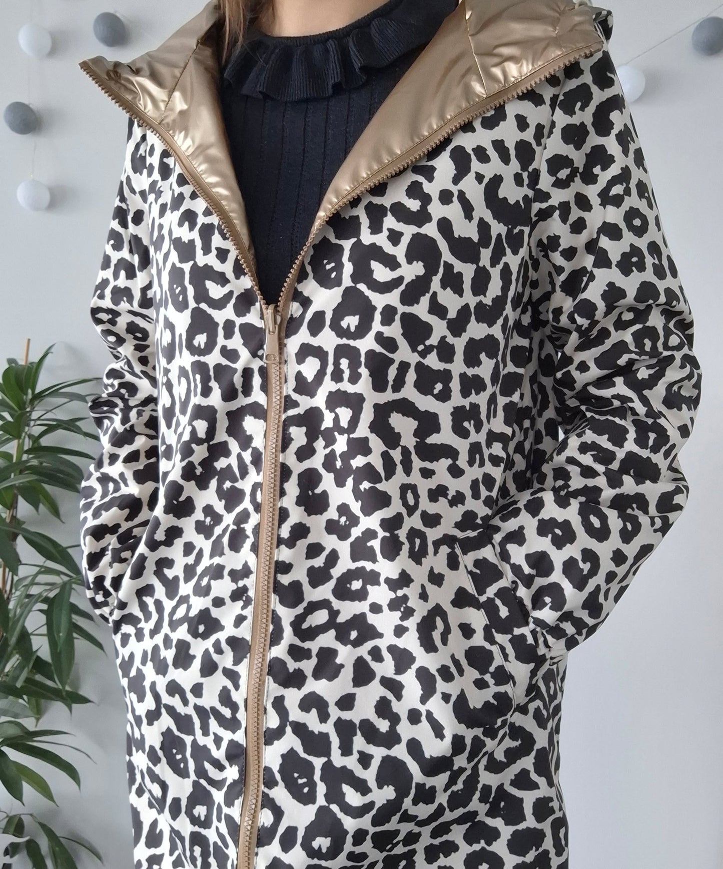 Attrait Paris - Manteau long sans ouate imperméable doré réversible avec motif léopard avec capuche
