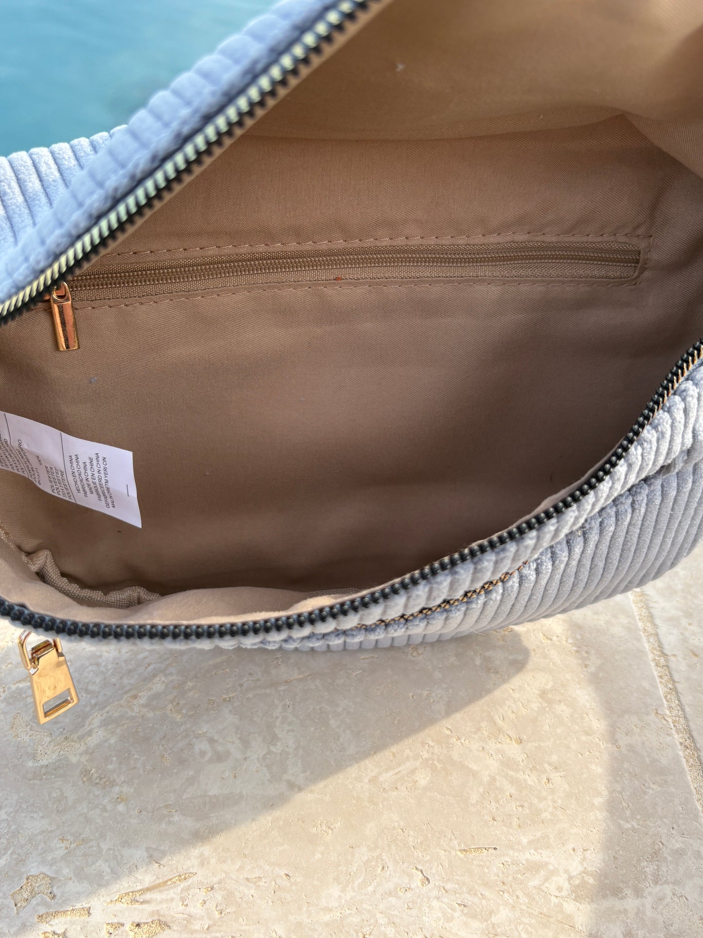 Sac banane XL velours côtelé 2 poches bleu ciel sangle fantaisie