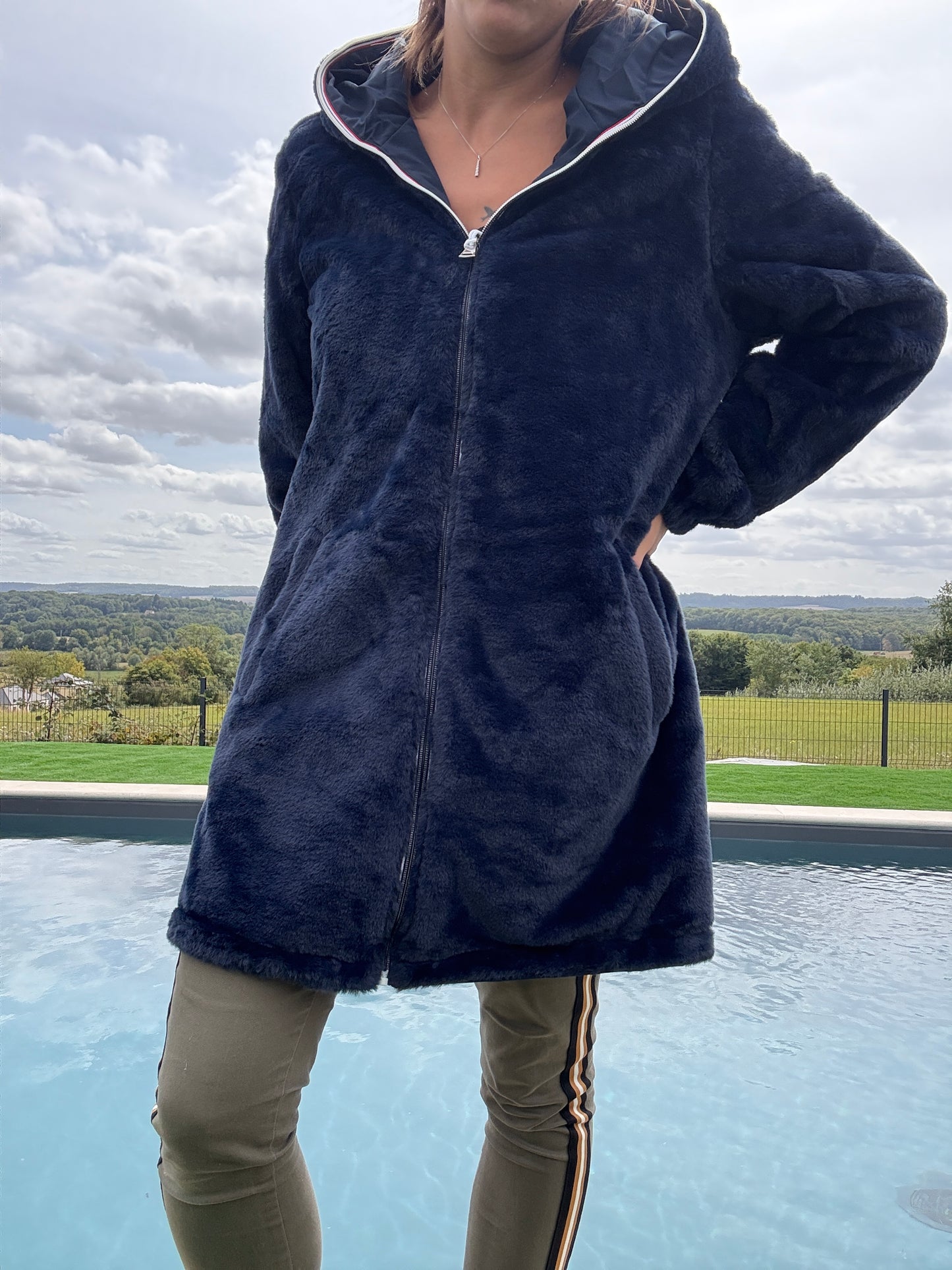 New Lolo - Manteau long bleu marine réversible imperméable fourré fausse fourrure - Curvy