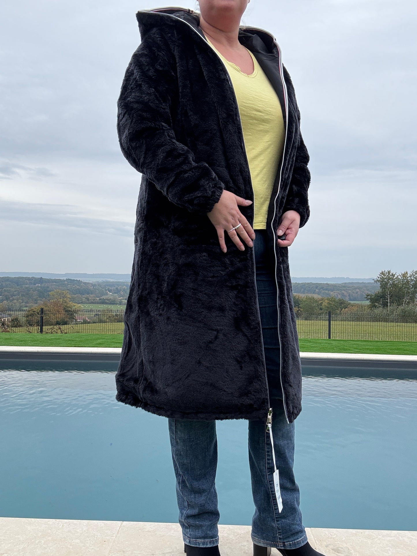 New Lolo - Manteau chaud long hauteur genoux noir fourré complet réversible imperméable
