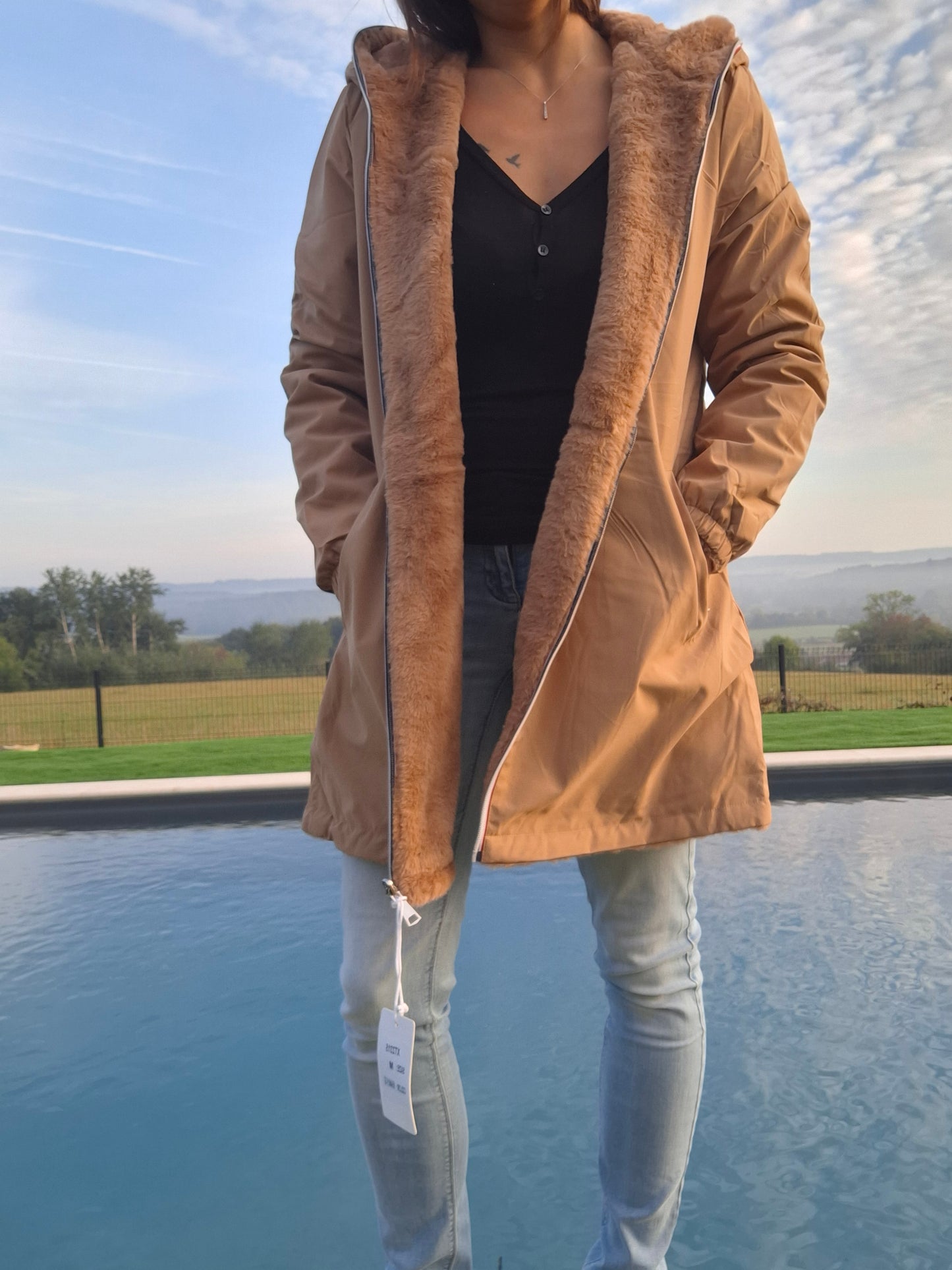 New Lolo - Manteau long camel clair fourré complet réversible imperméable