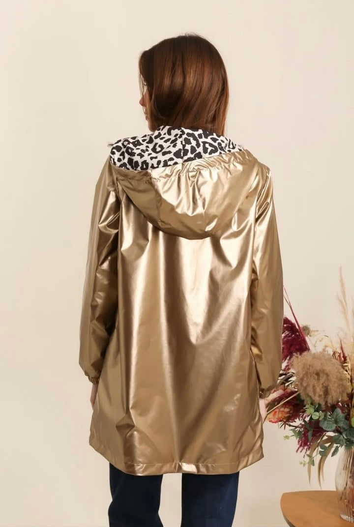 Attrait Paris - Manteau long sans ouate imperméable doré réversible avec motif léopard avec capuche
