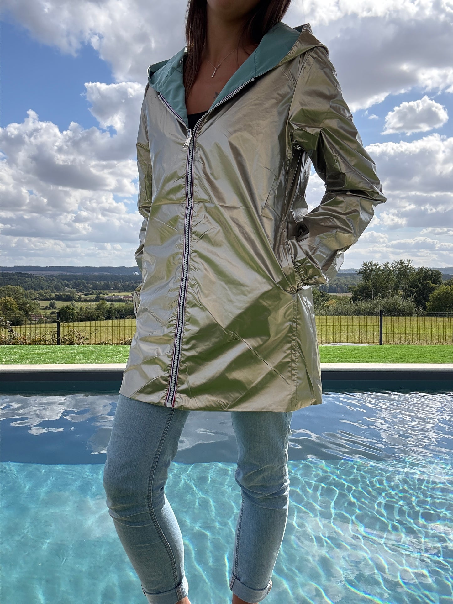 Melya Melody - Imperméable réversible mi-long sans garnissage ouate couleur bleu ciel/doré