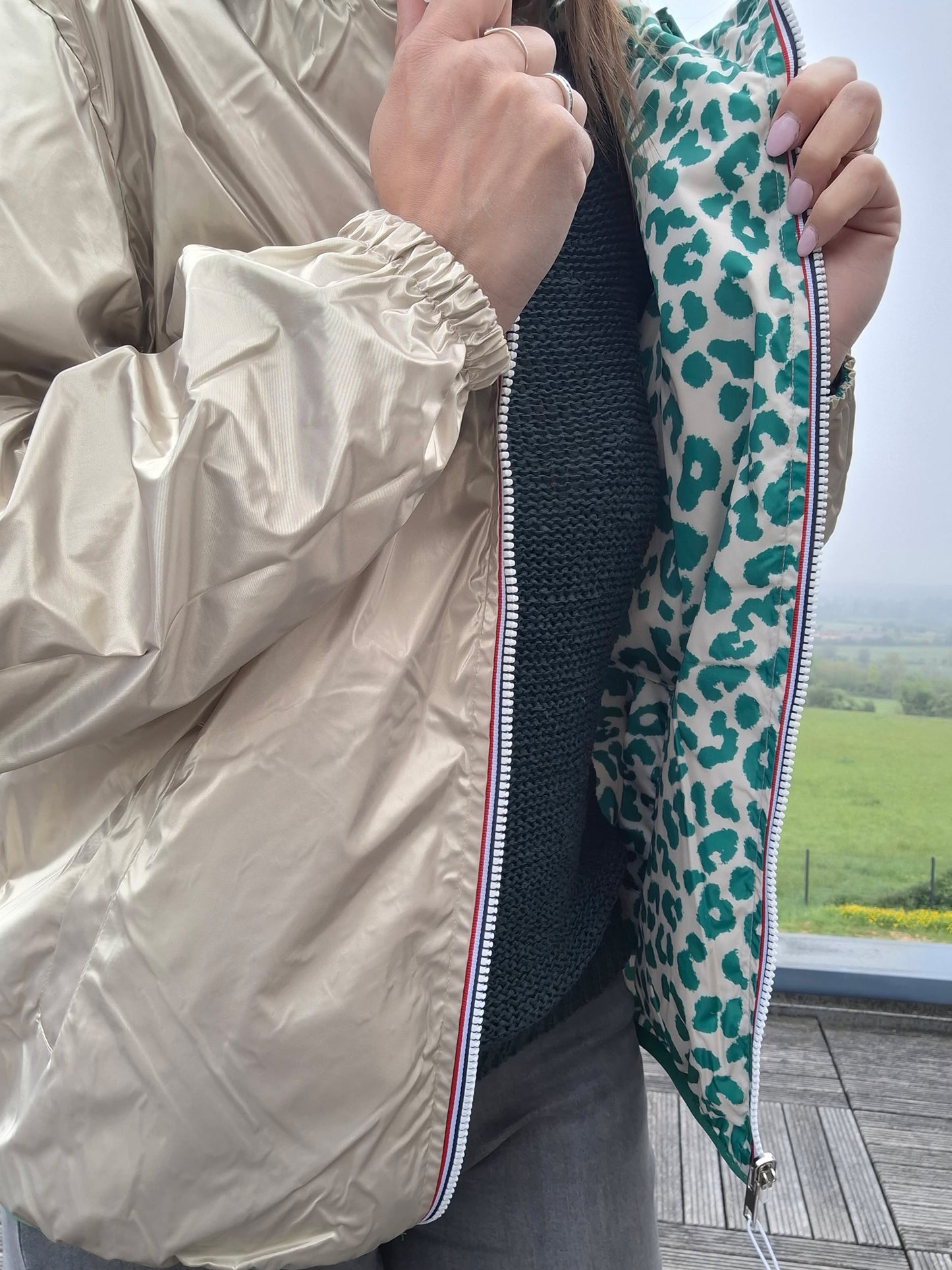 Escandelle - Parka imperméable courte Léopard vert réversible doré