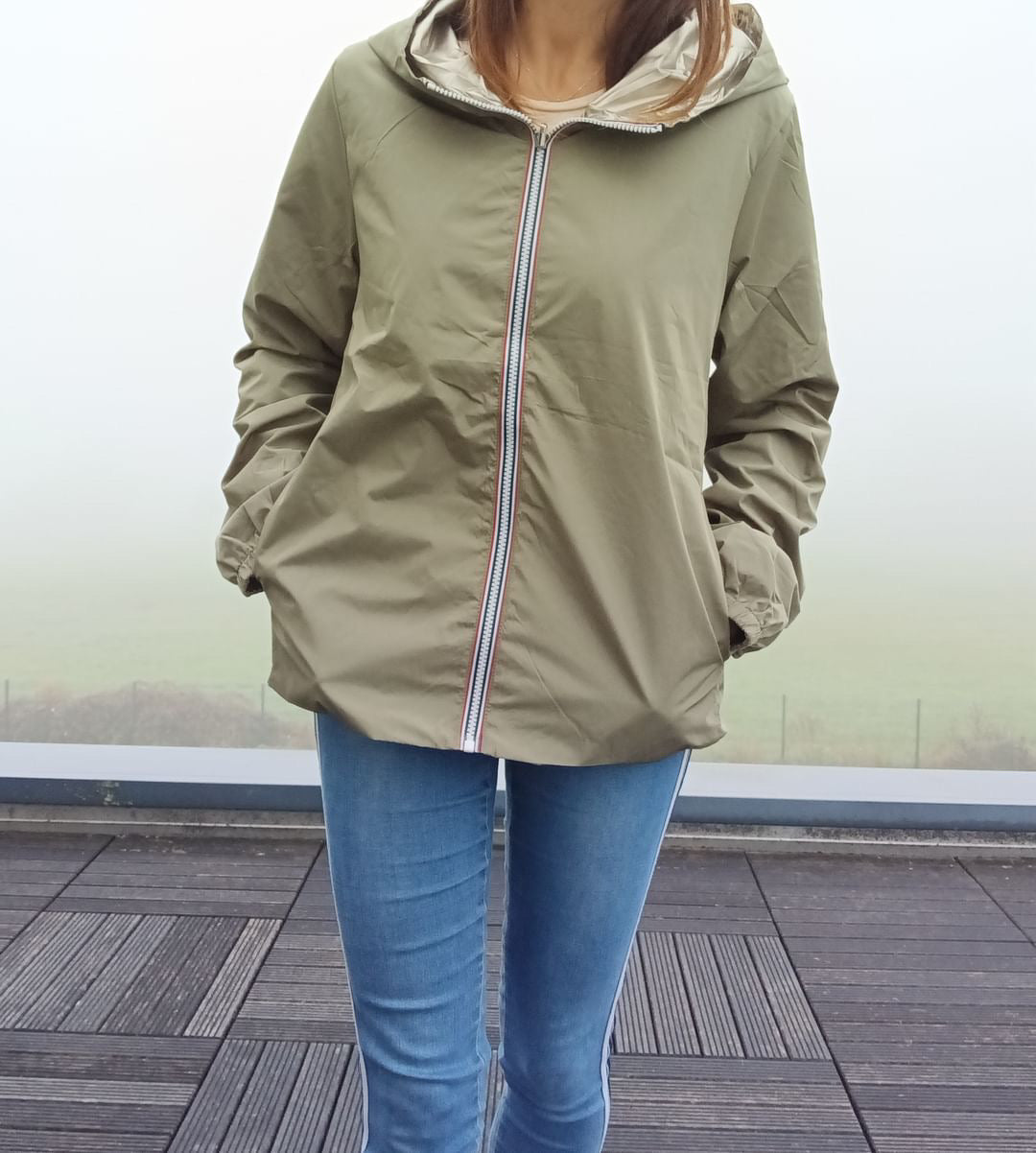 Melya Melody - Manteau court léger imperméable kaki réversible doré