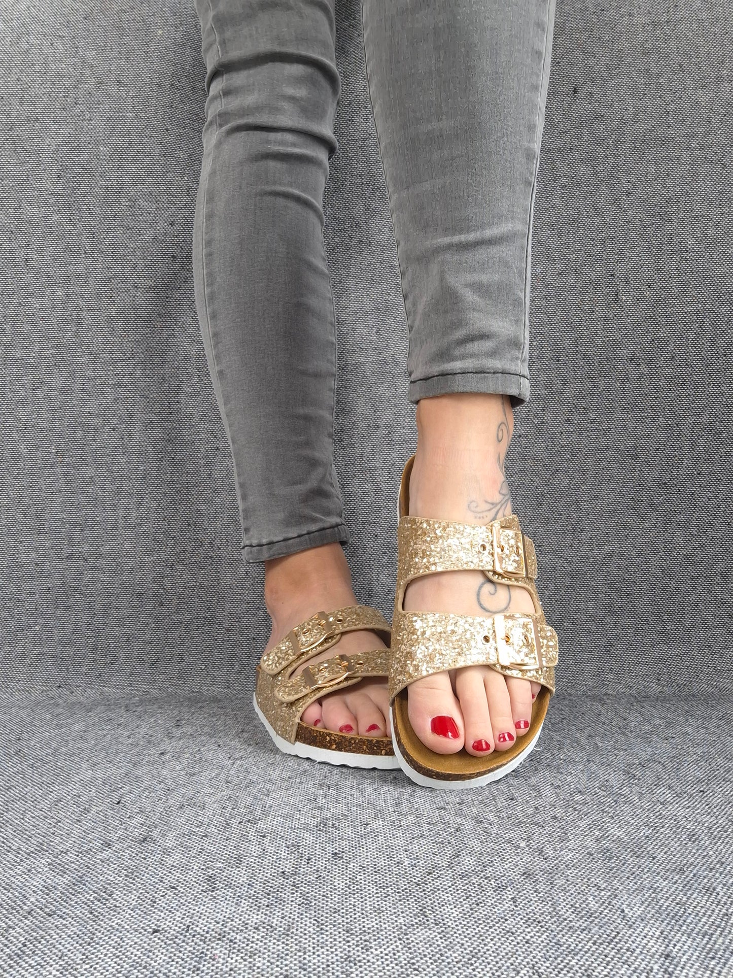 Chaussures sandales style Birk 2 brides doré pailleté