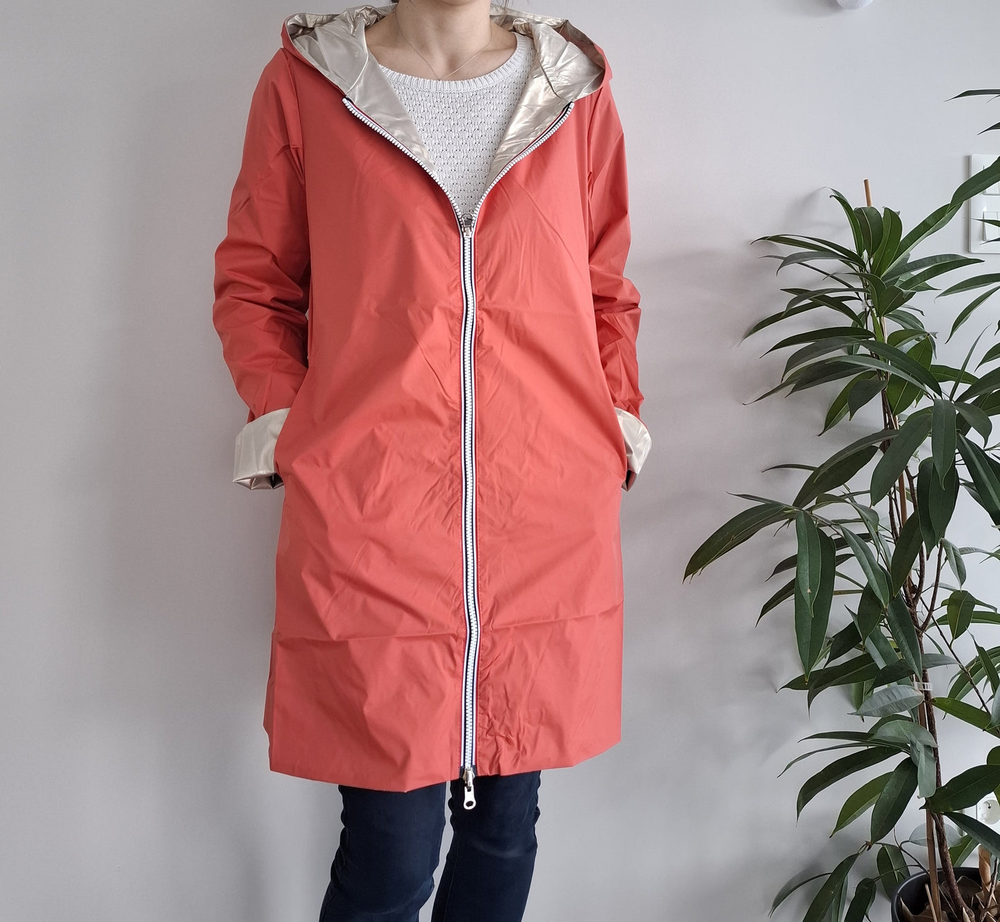 Laura Jo - Imperméable réversible long sans garnissage ouate couleur corail/doré