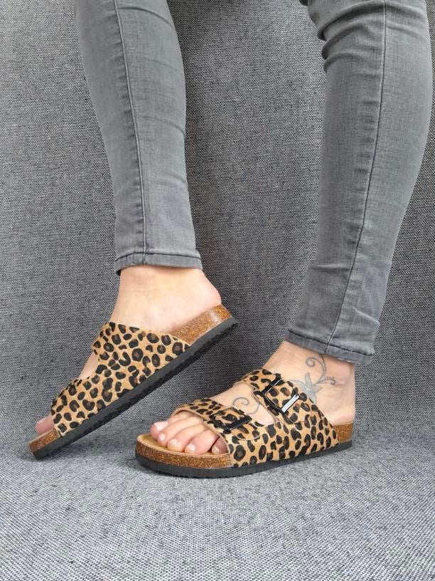 Chaussures sandales intérieur cuir motif léopard style Birk