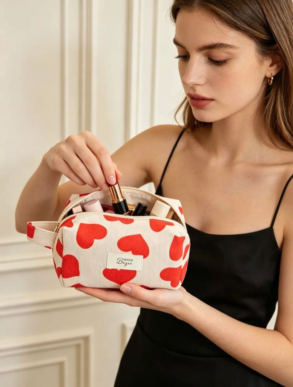 Trousse de Maquillage Femme Motif Cœurs – Pochette Cosmétique Zippée Tendance | Le Petit Placard