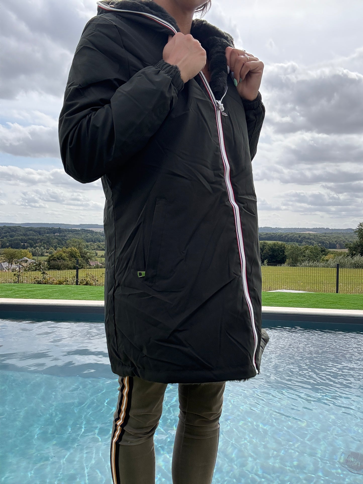 New Lolo - Manteau long kaki réversible imperméable fourré fausse fourrure