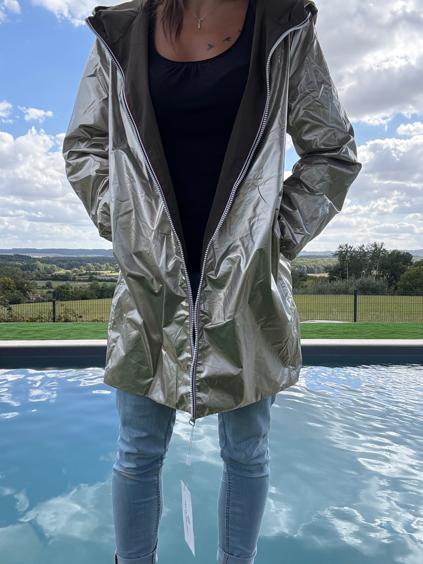 Melya Melody - Manteau léger long réversible imperméable noir doré Curvy