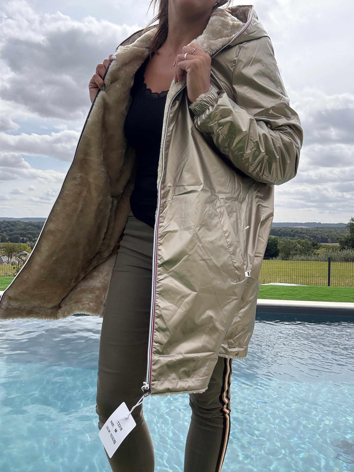 New Lolo - Manteau long doré réversible imperméable fourré fausse fourrure - Curvy