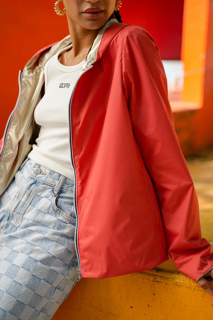 Laura Jo - Imperméable réversible court sans garnissage ouate couleur corail/doré