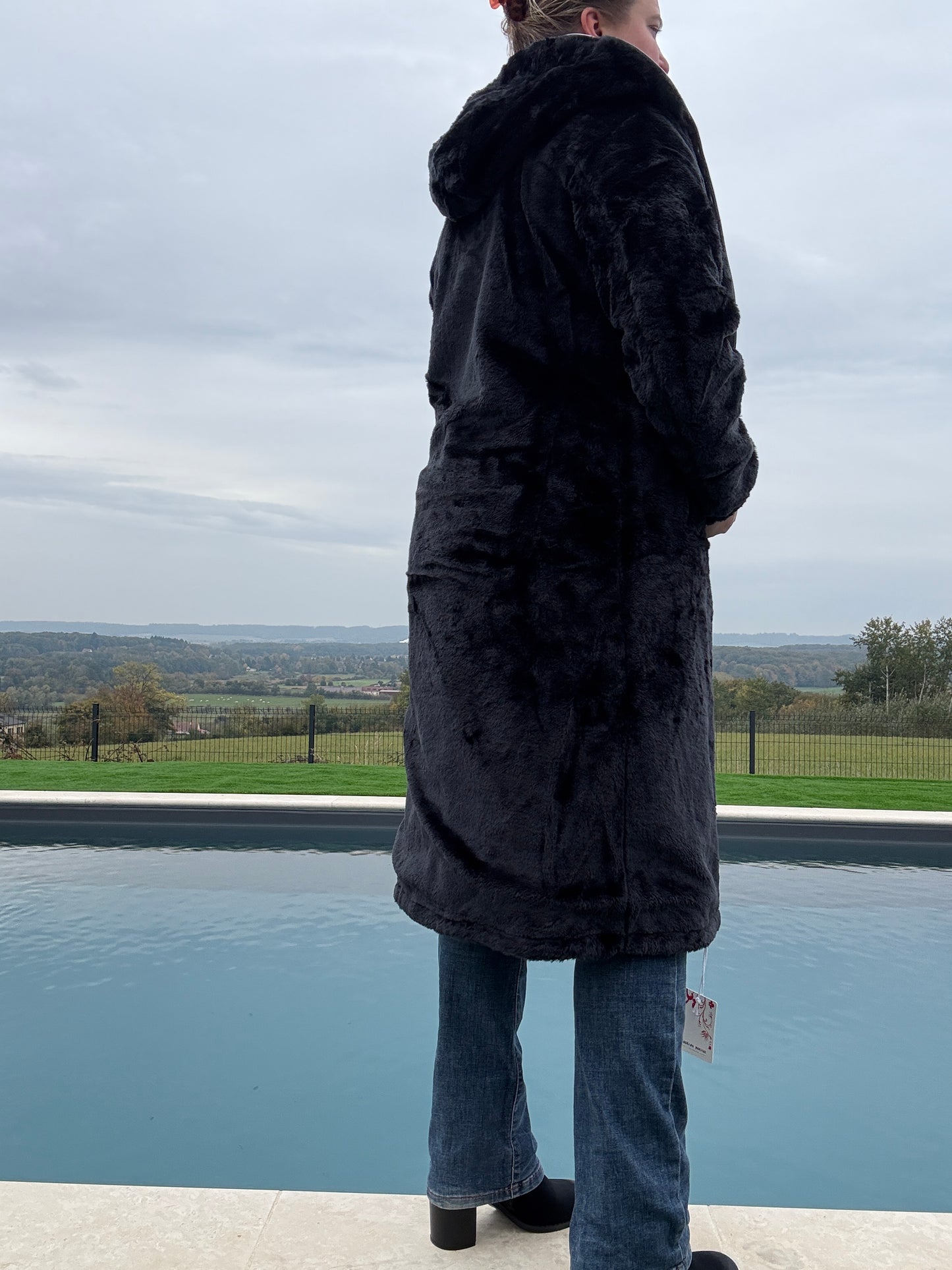 New Lolo - Manteau chaud long hauteur genoux noir fourré complet réversible imperméable