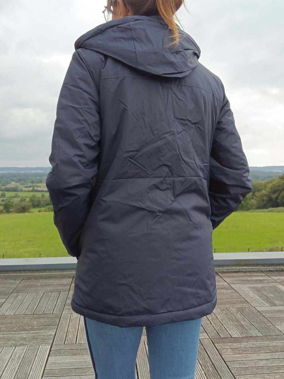 Laura Jo - Imperméable mi long doublé en fausse fourrure cordon tricolore couleur bleu marine
