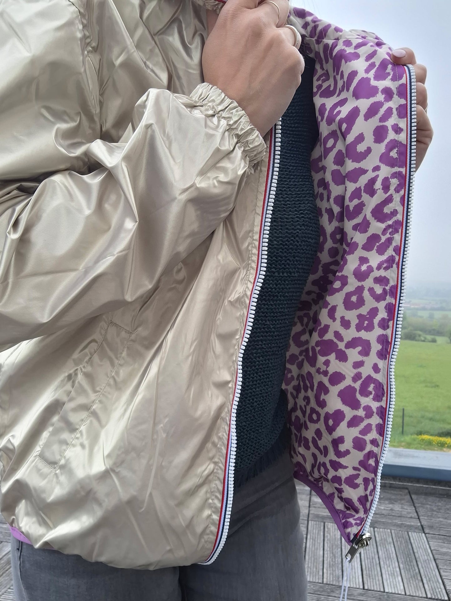 Escandelle - Parka imperméable courte Léopard violet réversible doré