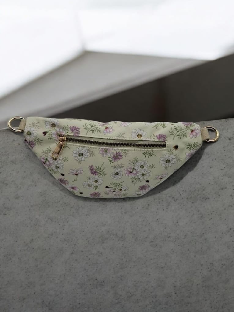 Sac banane en tissu coton blanc motif floral vert tres clair et rose
