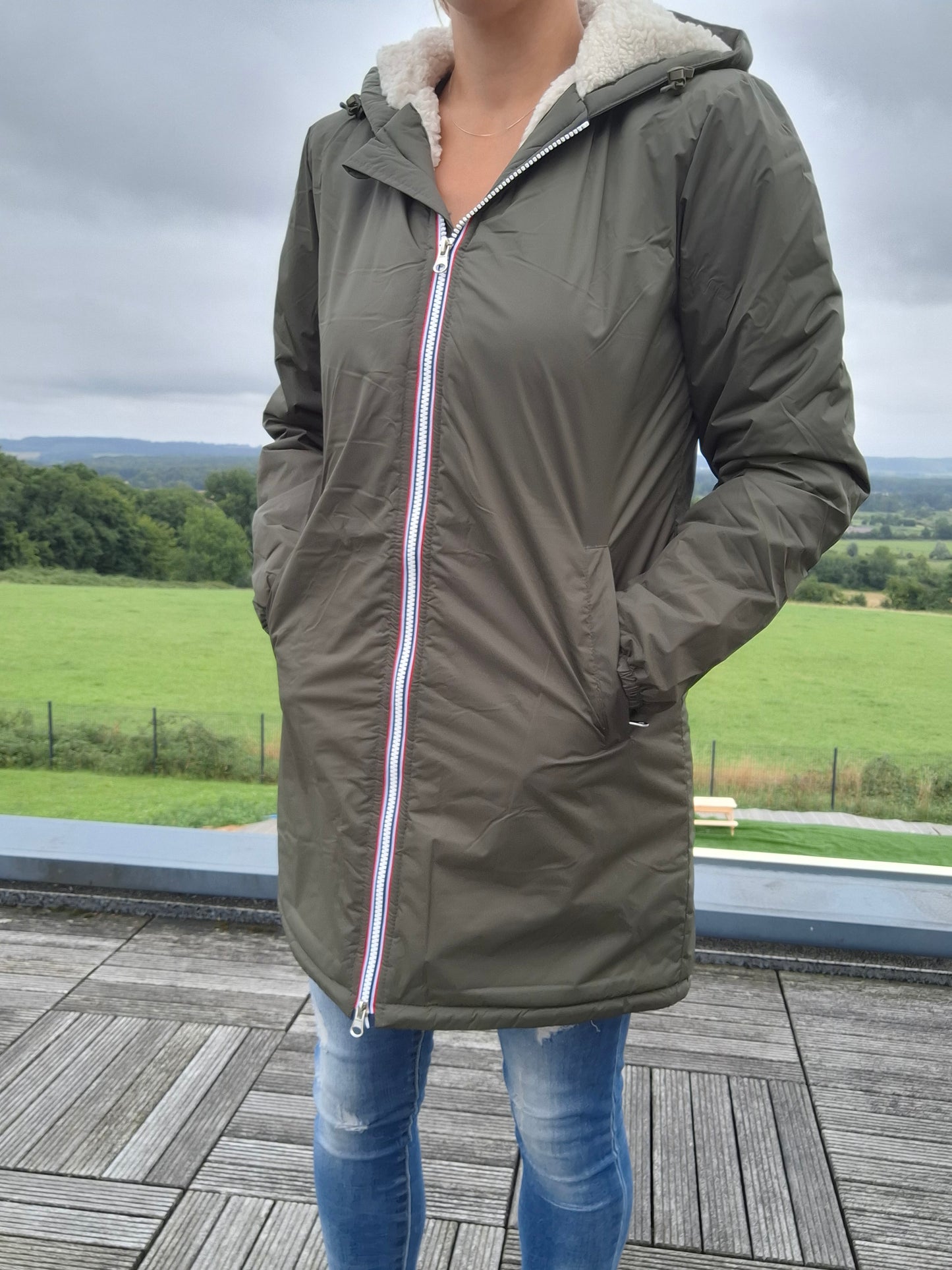 Laura Jo - Imperméable fourré long fausse fourrure kaki intérieur sherpa beige