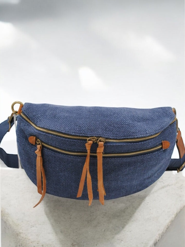 Sac banane en jute bleu denim 2 poches doubles curseurs