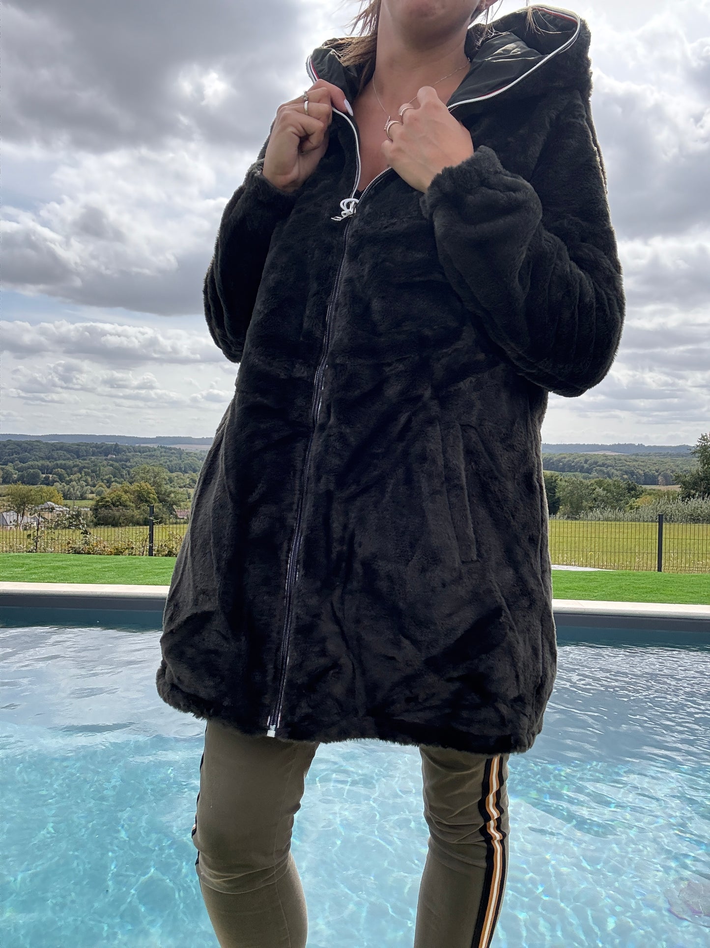 New Lolo - Manteau long kaki réversible imperméable fourré fausse fourrure