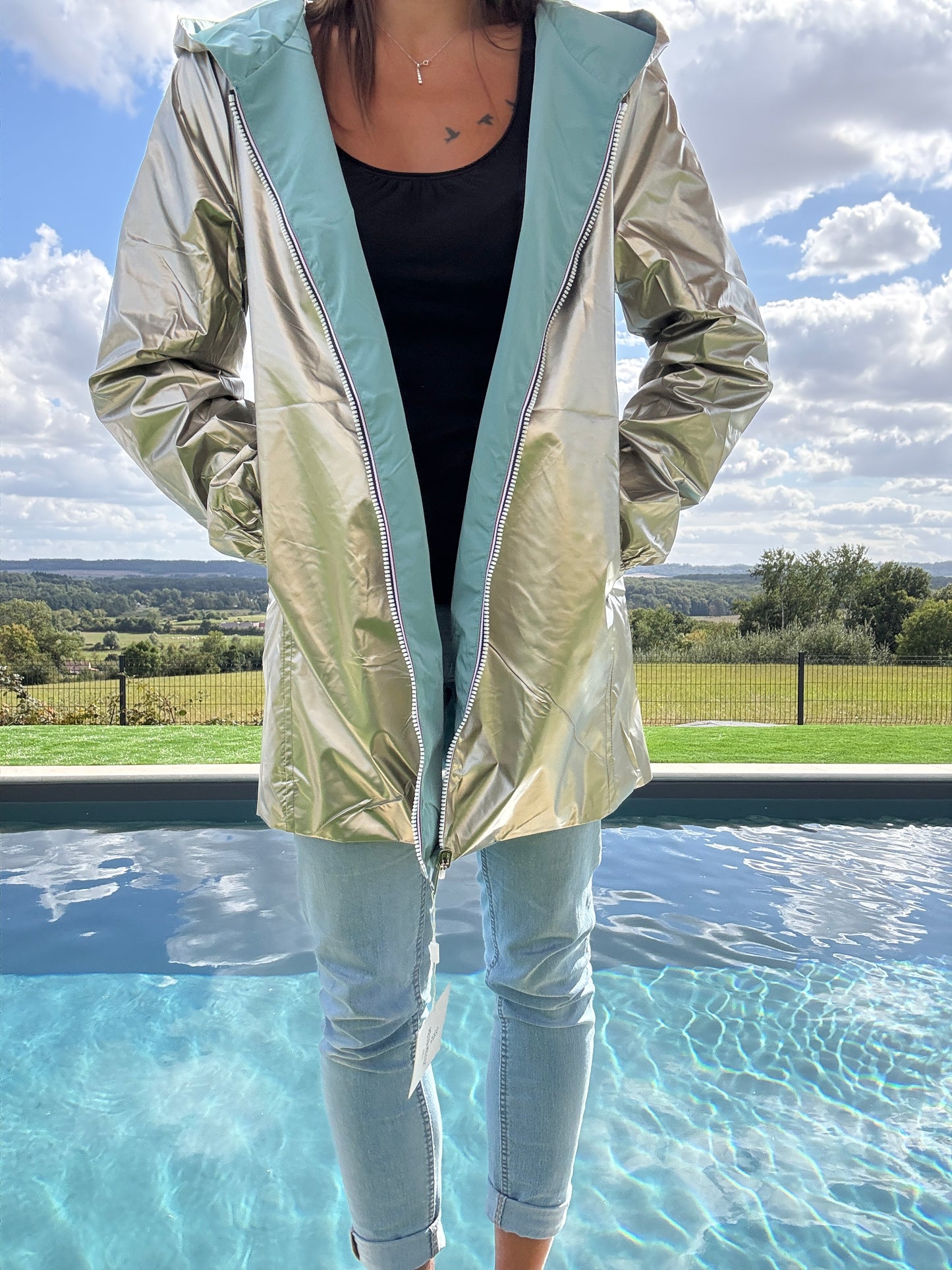 Melya Melody - Imperméable réversible mi-long sans garnissage ouate couleur bleu ciel/doré