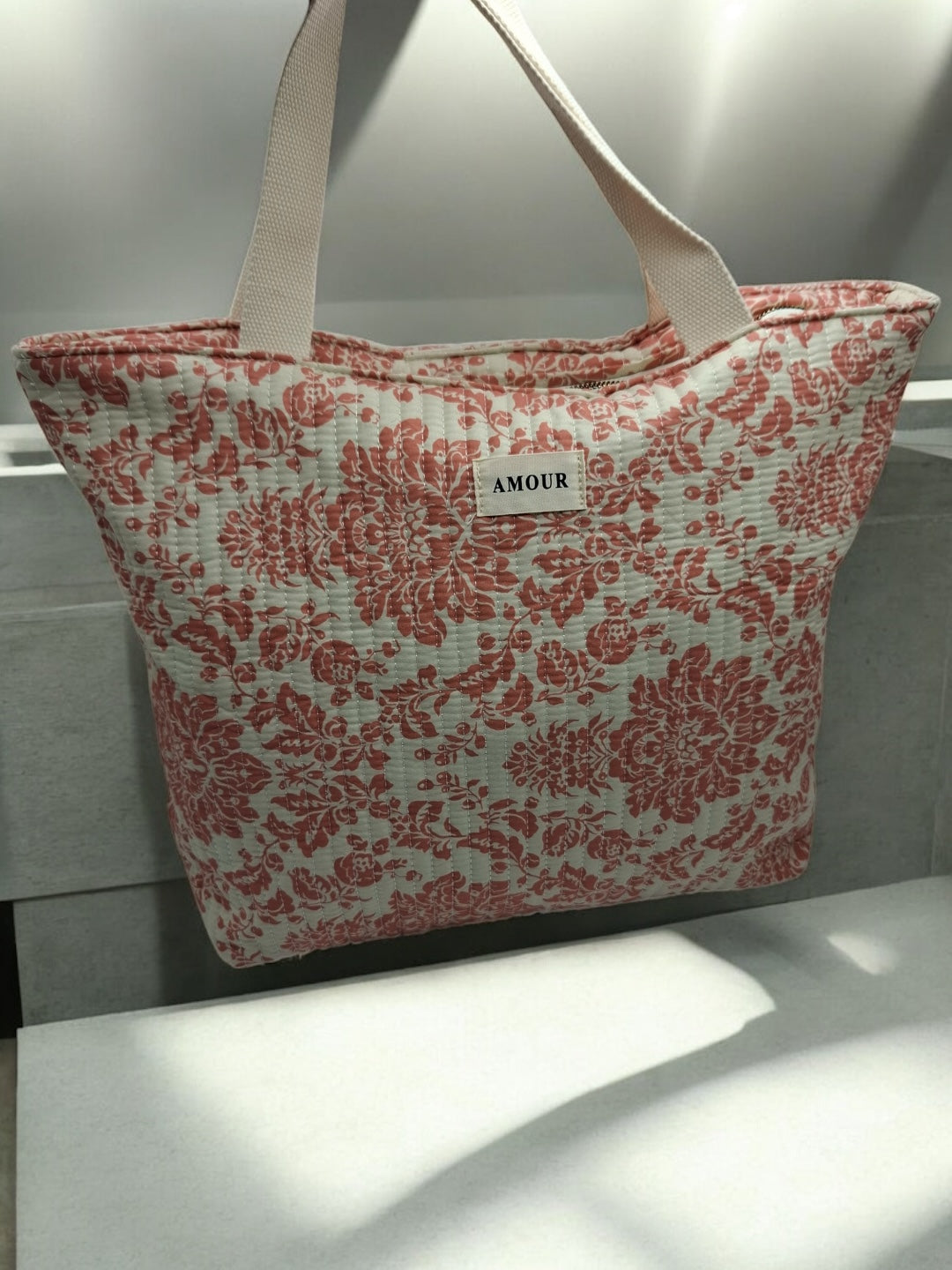 Sac cabas porté épaule en coton liberty fleuri corail crème