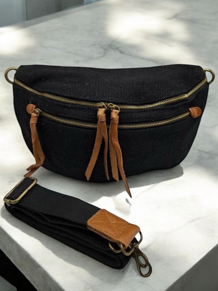 Sac banane en jute noir 2 poches doubles curseurs