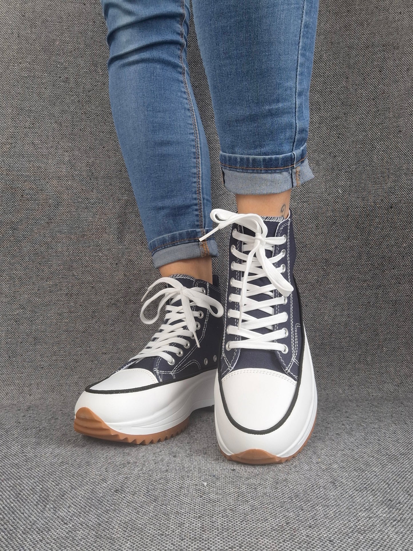 Chaussures baskets haute plate-forme toile bleu marine et blanc