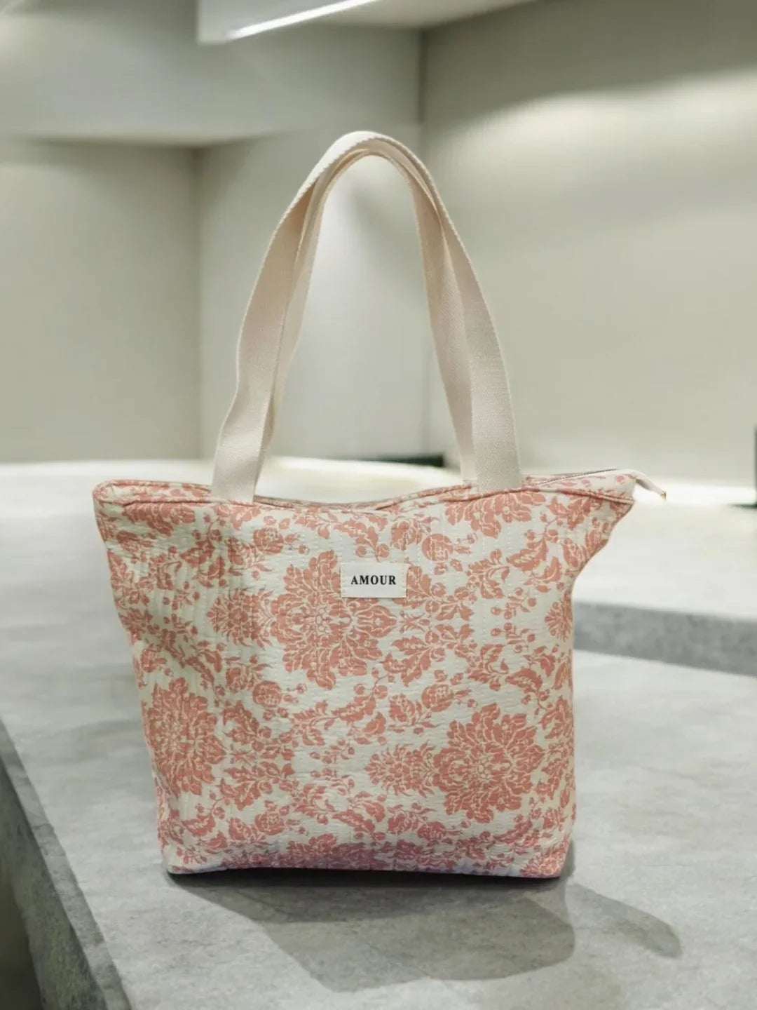 Sac cabas porté épaule en coton liberty fleuri corail crème