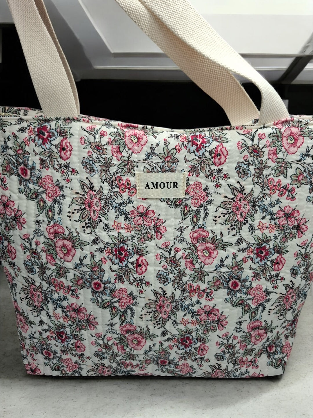 Sac cabas porté épaule en coton liberty fleuri noir rose crème