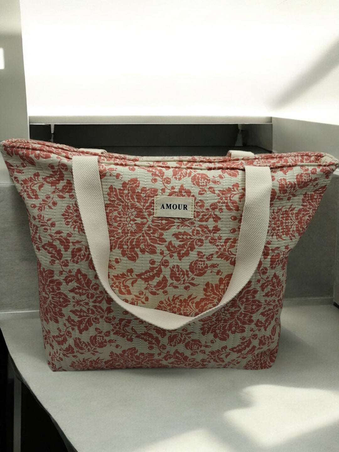 Sac cabas porté épaule en coton liberty fleuri corail crème