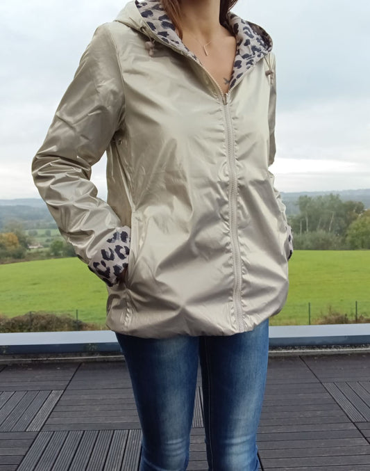 Laura Jo - Imperméable réversible court garnissage ouate mi-saison doré / léopard zip uni