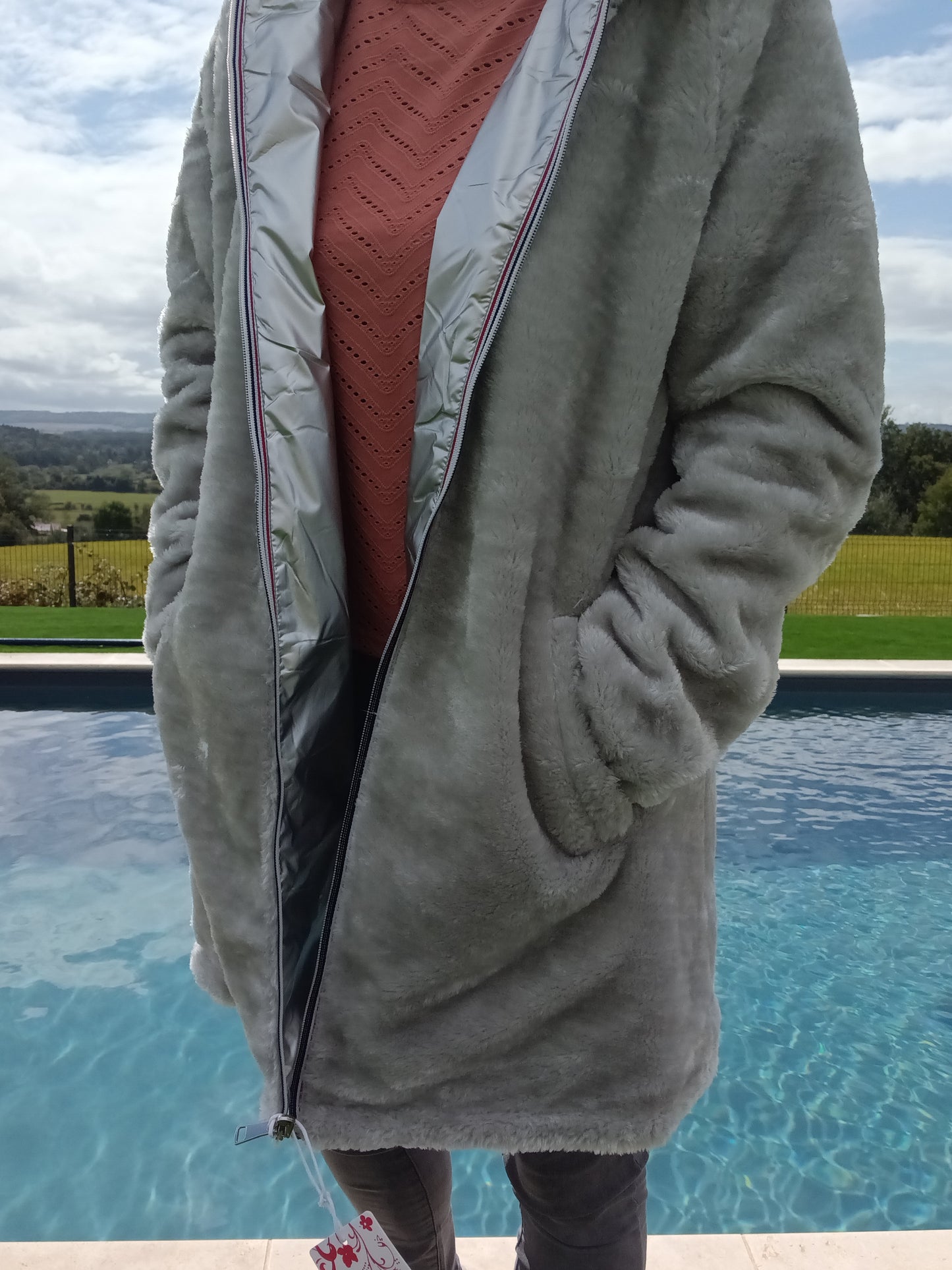 New Lolo - Manteau long argenté réversible imperméable fourré fausse fourrure