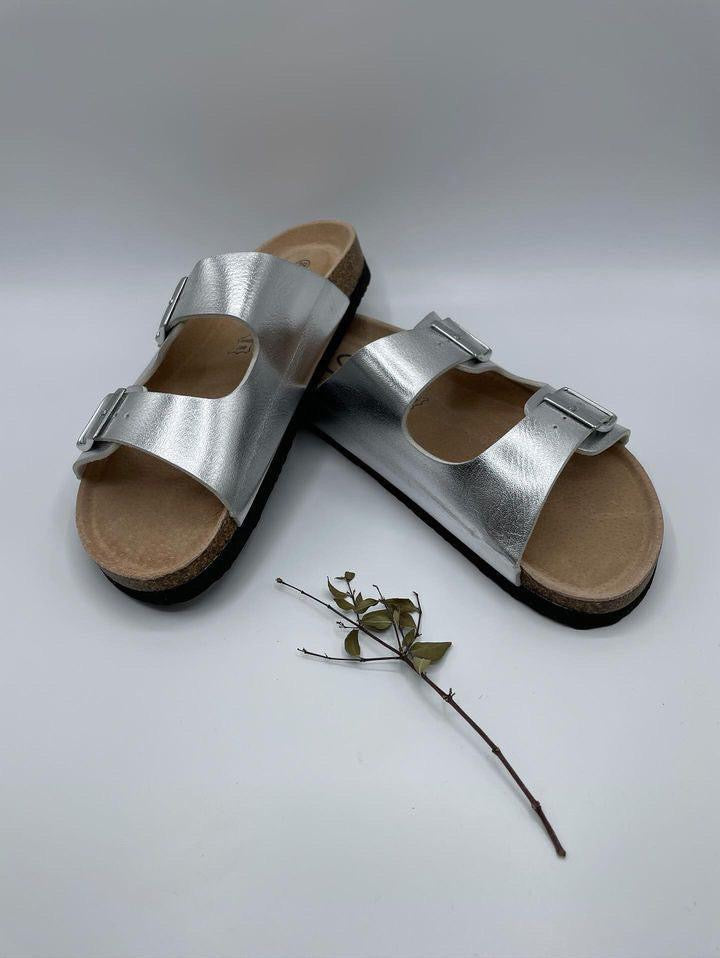 Chaussures sandales intérieur cuir argentée style Birk