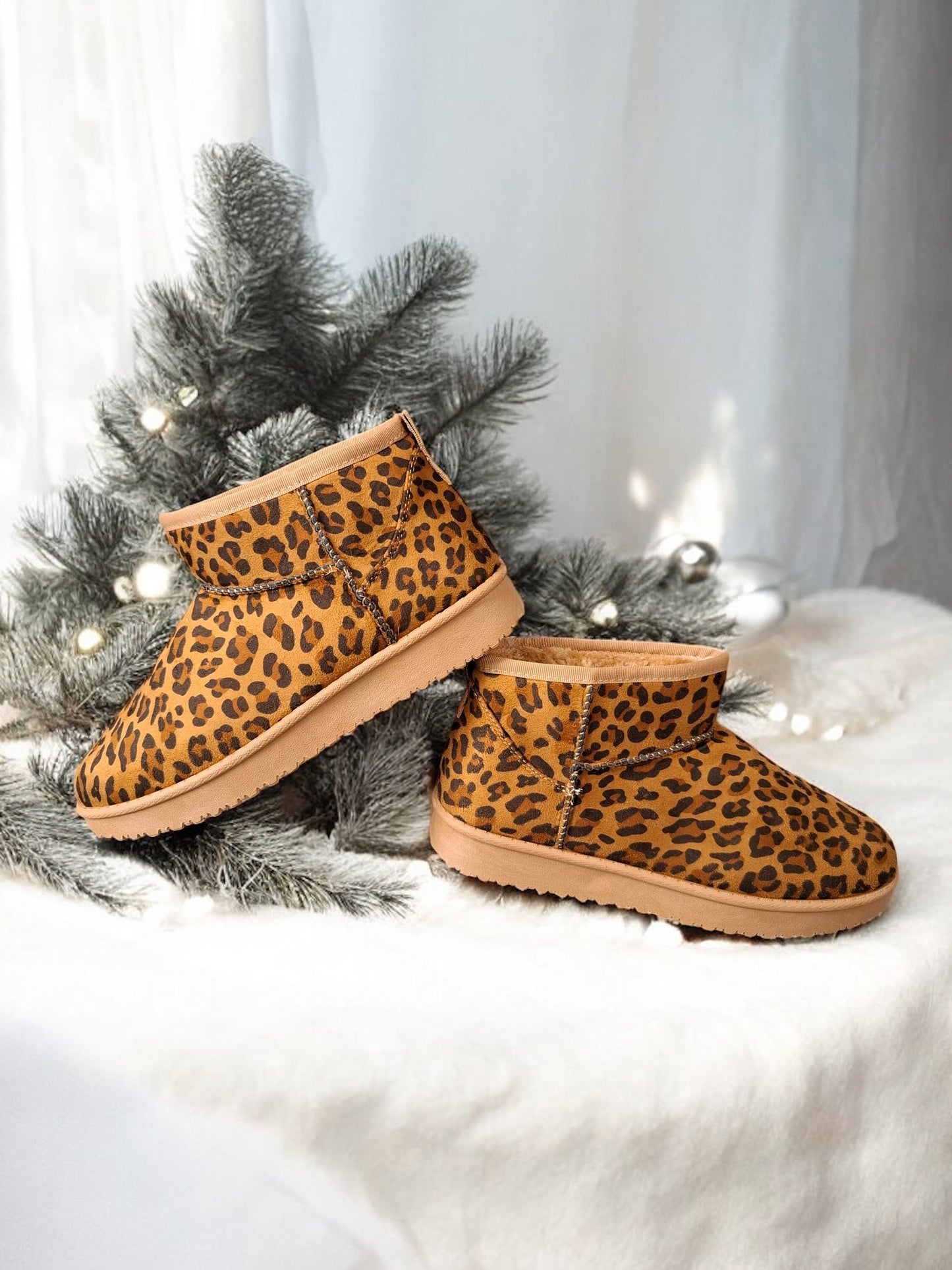 Bottines basses fourrées fausse fourrure léopard camel