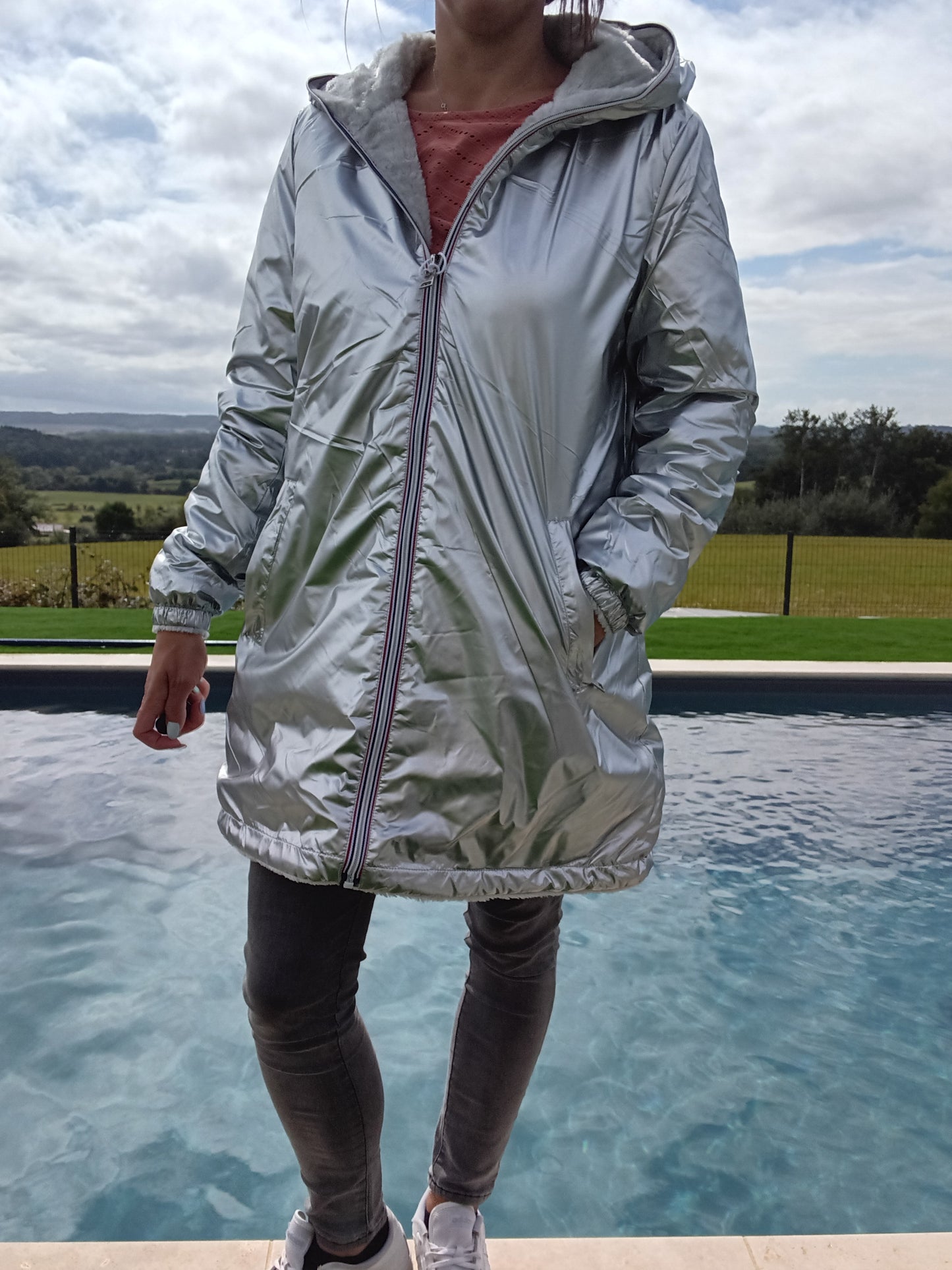 New Lolo - Manteau long argenté réversible imperméable fourré fausse fourrure