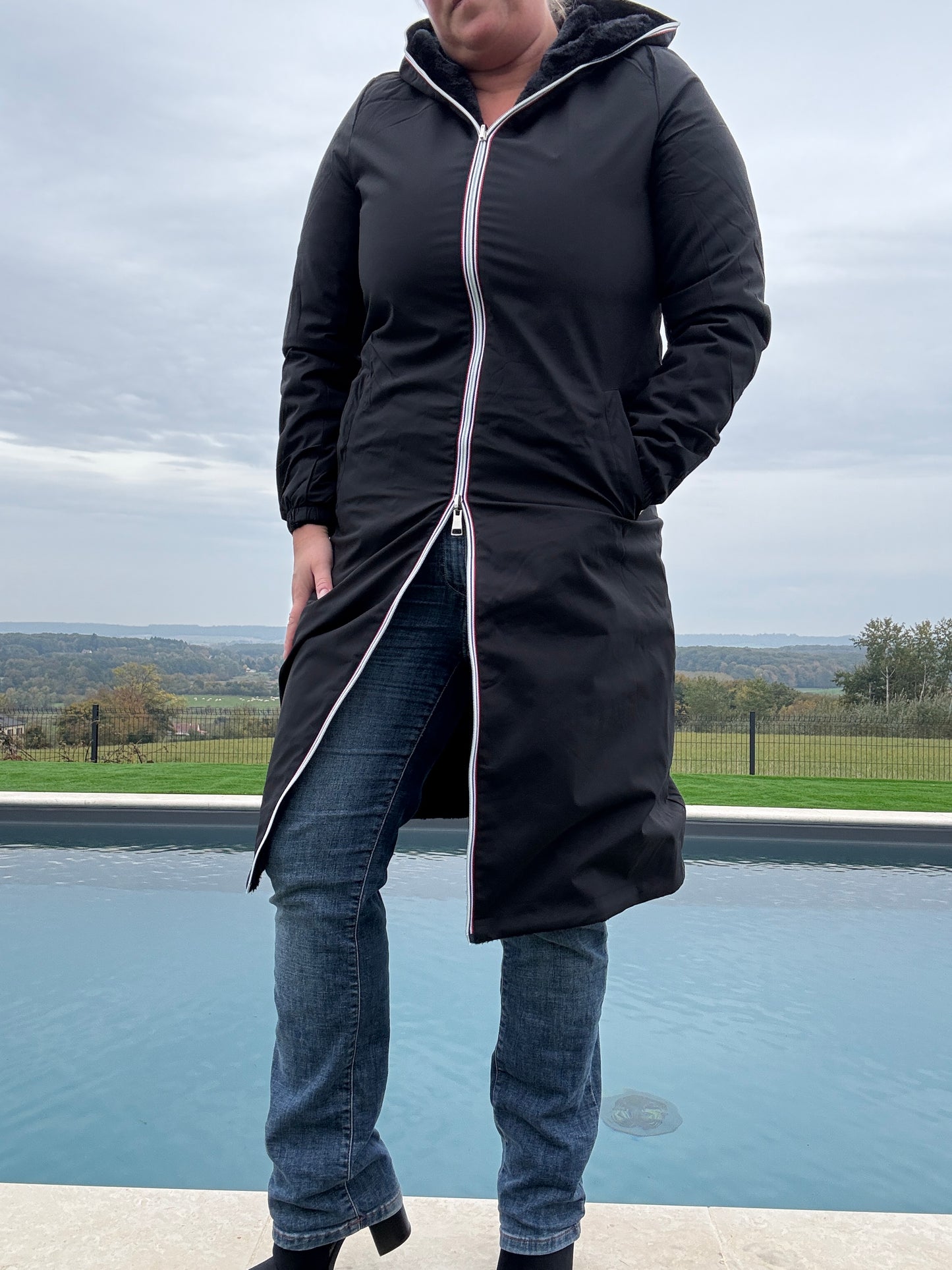 New Lolo - Manteau chaud long hauteur genoux noir fourré complet réversible imperméable