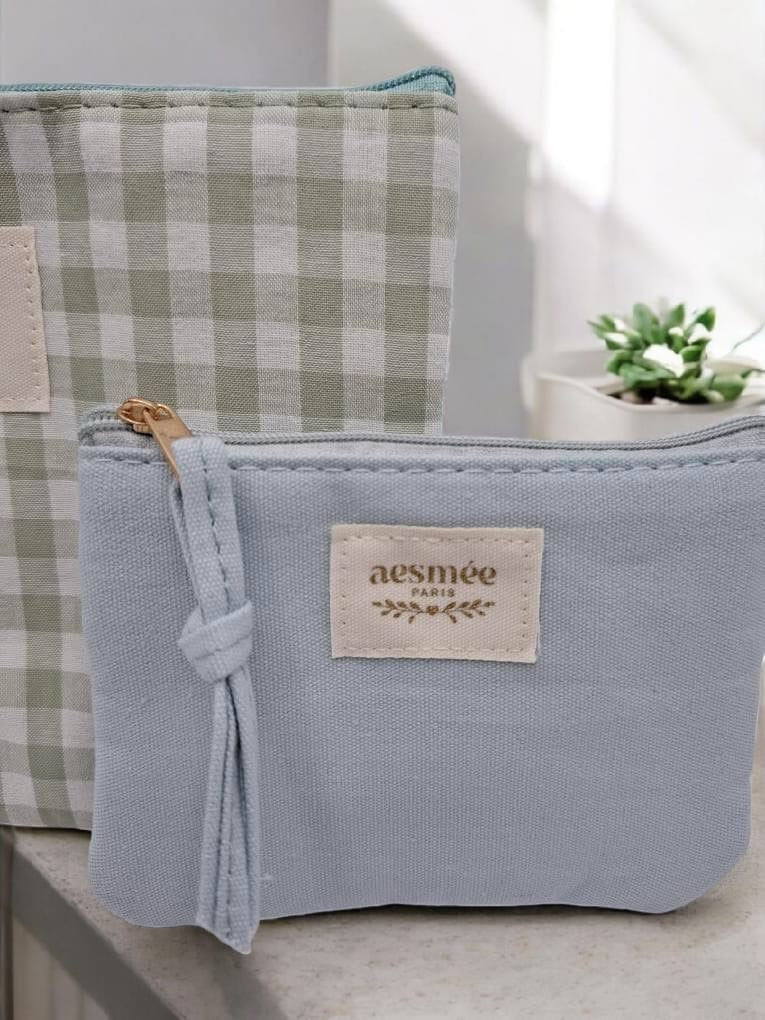 Pochette et trousse en coton vichy motifs à carreaux vert d'eau beige