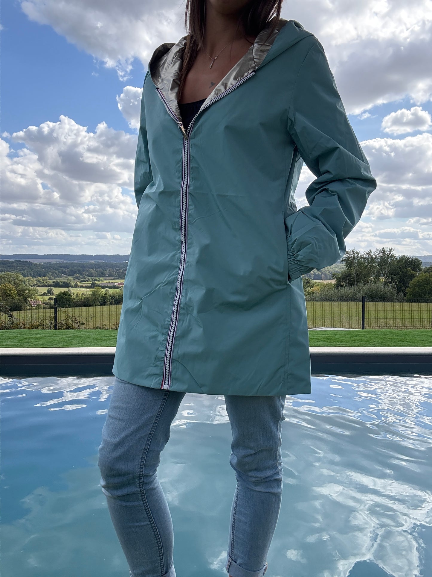 Melya Melody - Imperméable réversible mi-long sans garnissage ouate couleur bleu ciel/doré