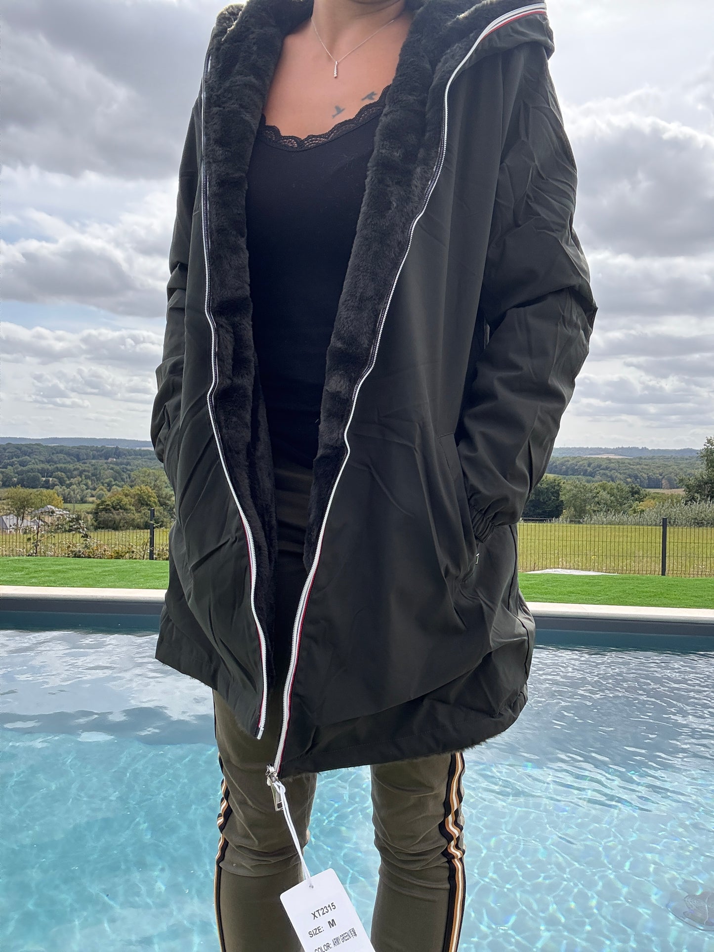 New Lolo - Manteau long kaki réversible imperméable fourré fausse fourrure