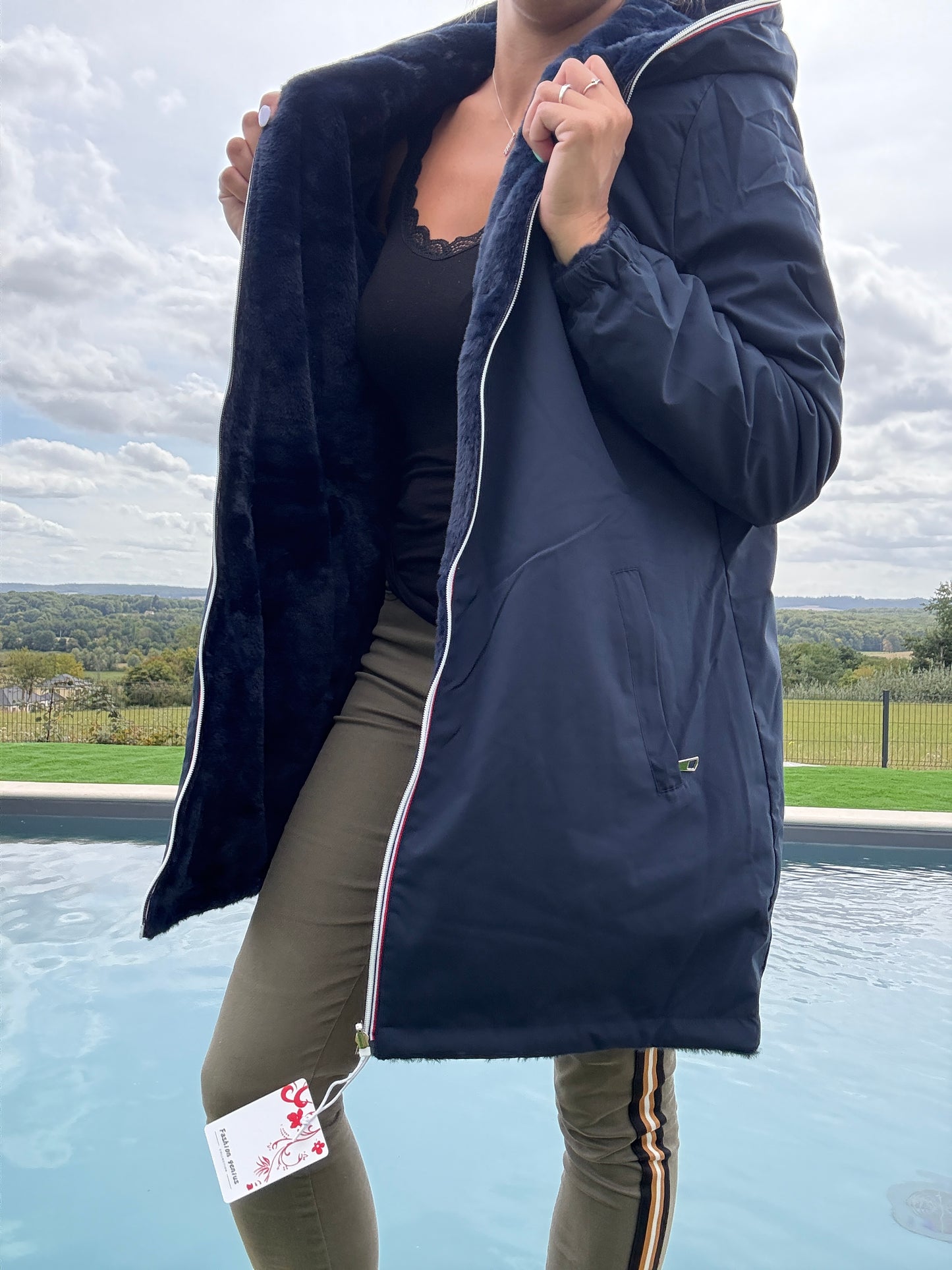 New Lolo - Manteau long bleu marine réversible imperméable fourré fausse fourrure - Curvy