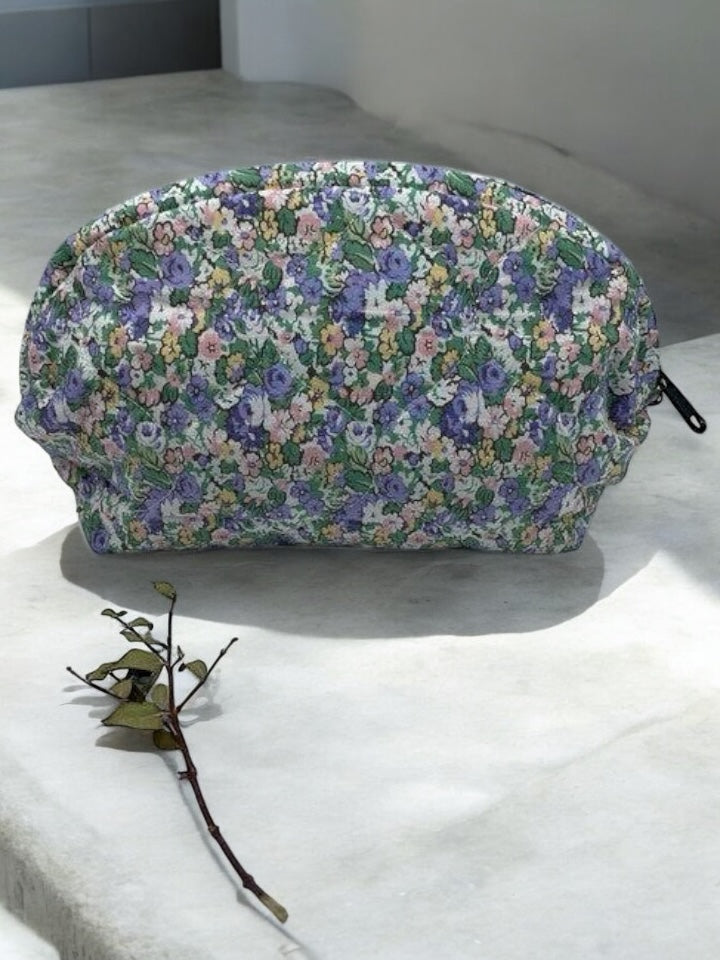Trousse de toilette maquillage coton matelassé liberty violet parme et vert
