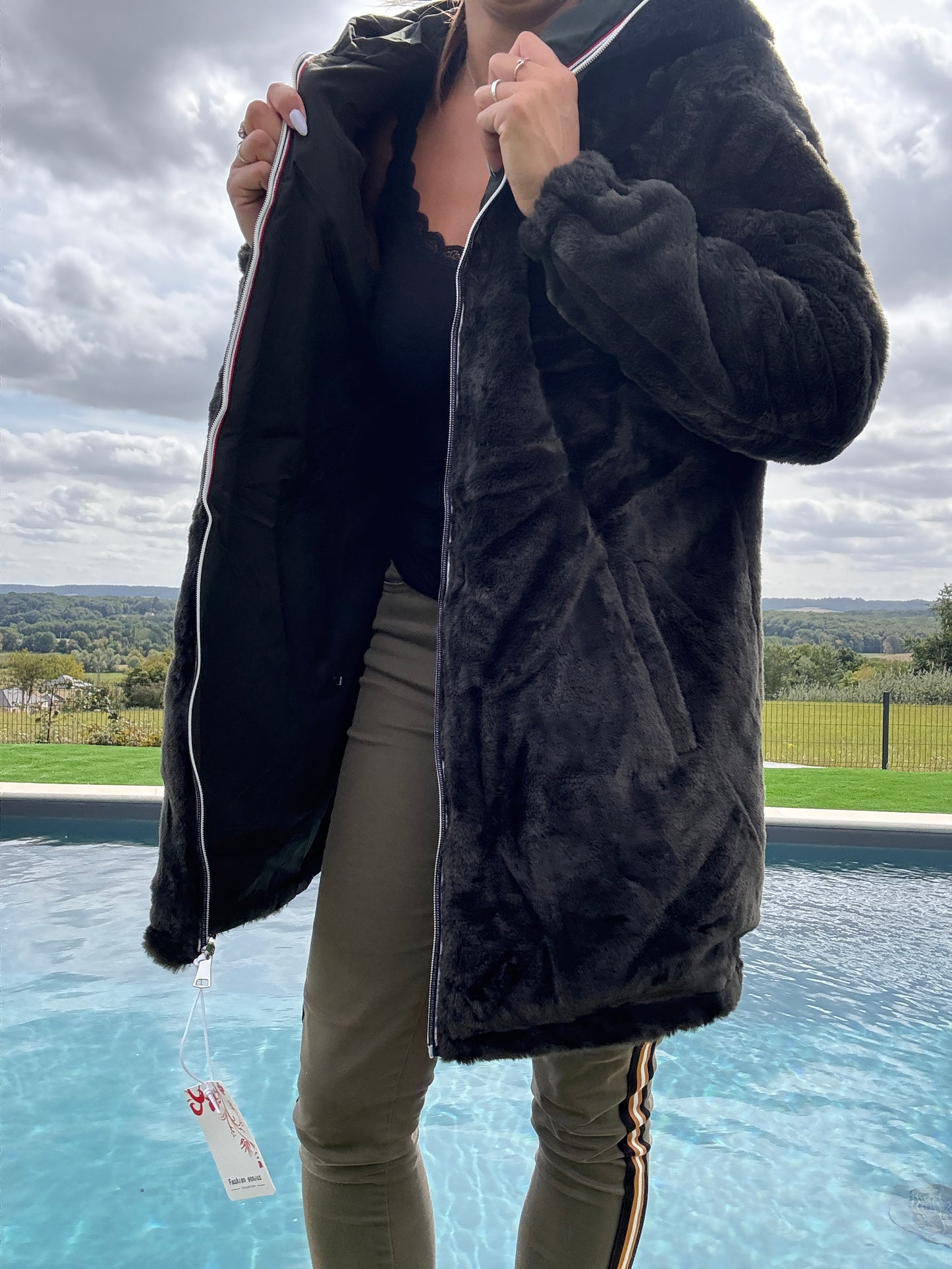 New Lolo - Manteau long kaki réversible imperméable fourré fausse fourrure