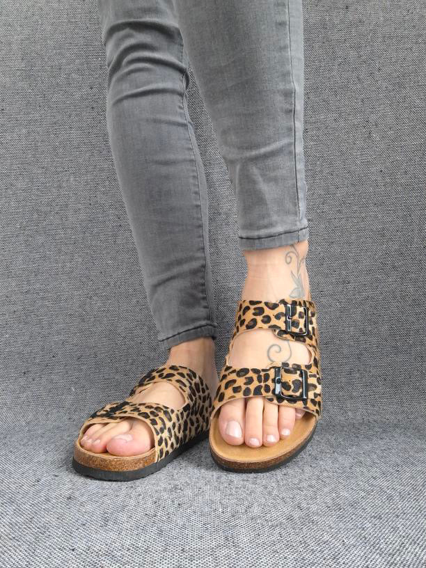 Chaussures sandales intérieur cuir motif léopard style Birk