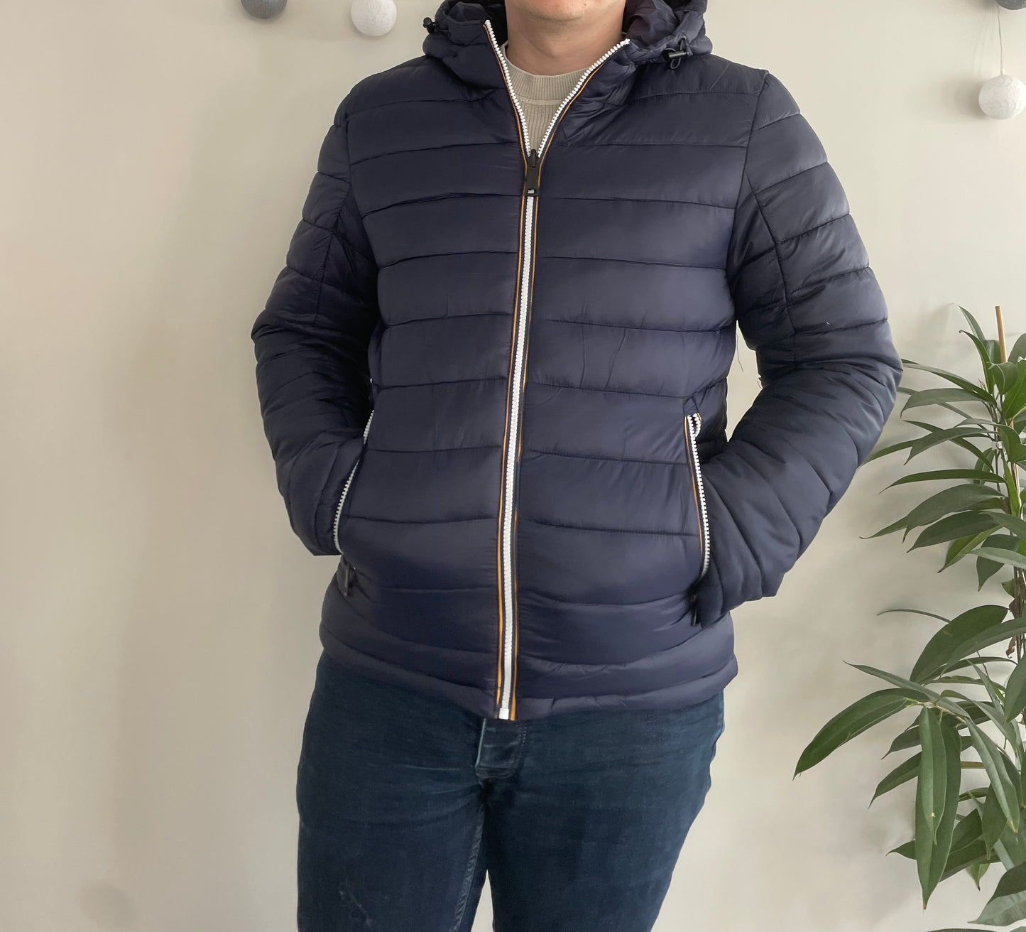 Doudoune à capuche HOMME courte imperméable et réversible matelassé bleu marine