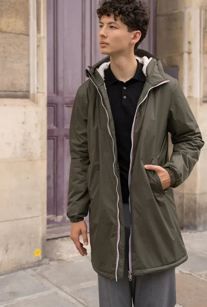 Laura Jo - Manteau imperméable kaki HOMME fourré long, doublé en sherpa blanc
